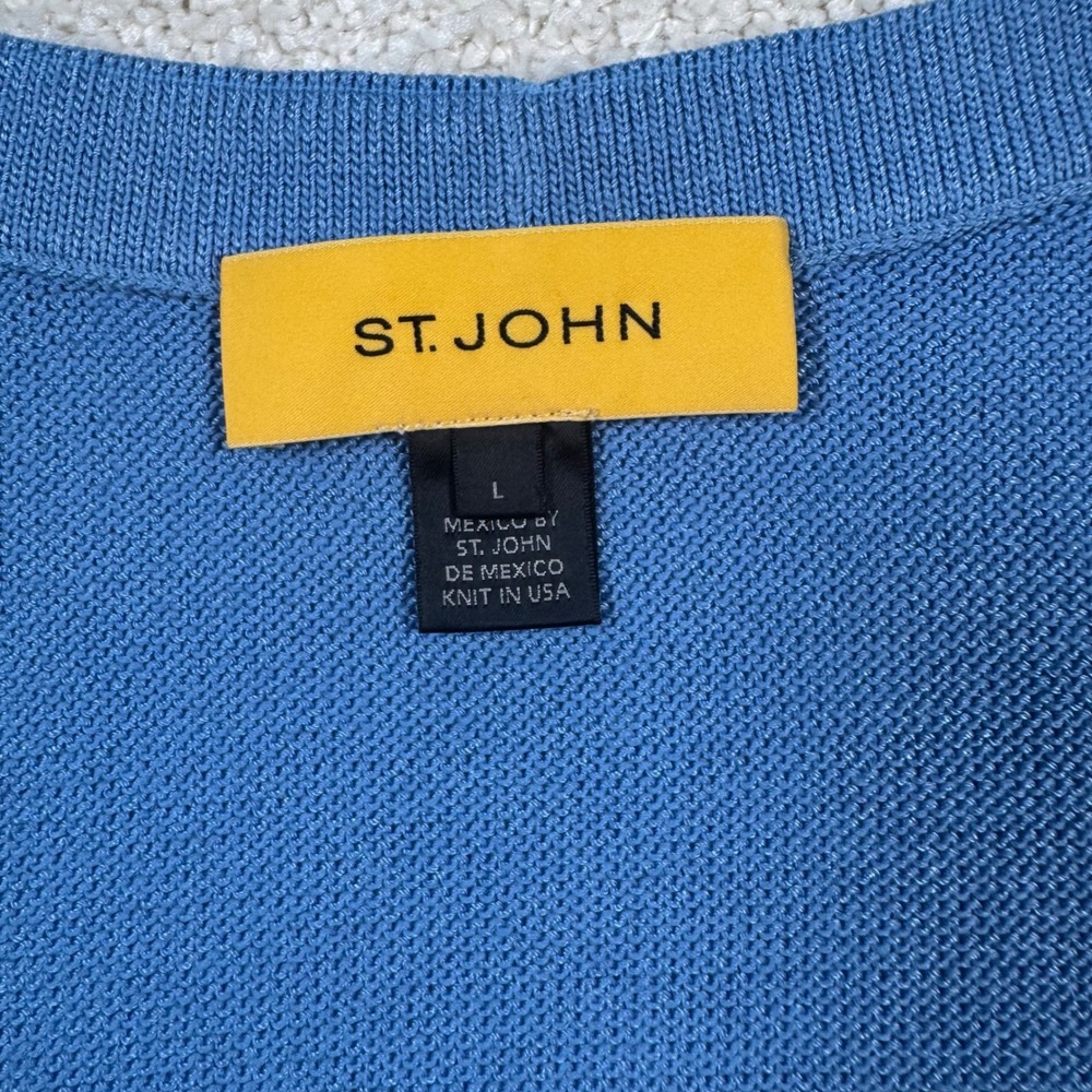 St. John Cardigan Women Large Blue Wool Blend V-Neck Ribbed Button Front Sweater - Picture 4 of 9